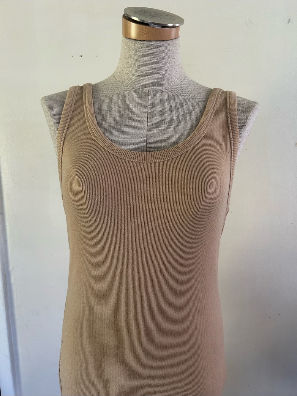 Scoop Neck Ribbed Tank Top - Beige